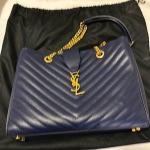 YSL Navy Blue Chevron tote Bag with YSL gold monogram